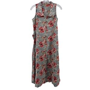 Bombay Paisley Midi Dress Small Gray Floral Bird Button Front Cotton Linen